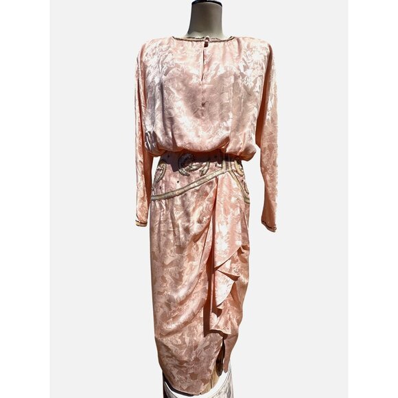 All Silk Vintage Dress by Spencer Jeremy 8 Pink Sequin Beaded Shoulder Pads 80s - Picture 2 of 16